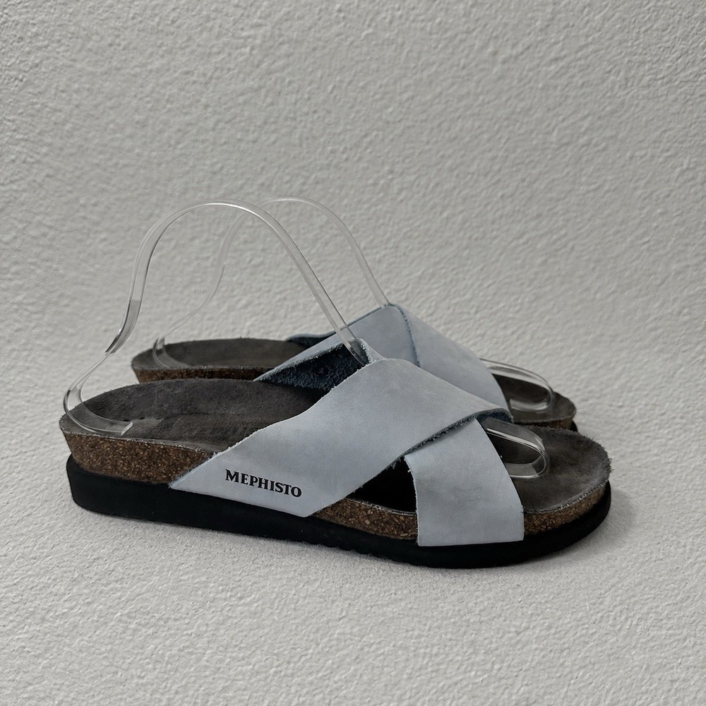 Mephisto Light Grey/Silver Criss-Cross Suede Leather Slide Sandals Womens Sz 40